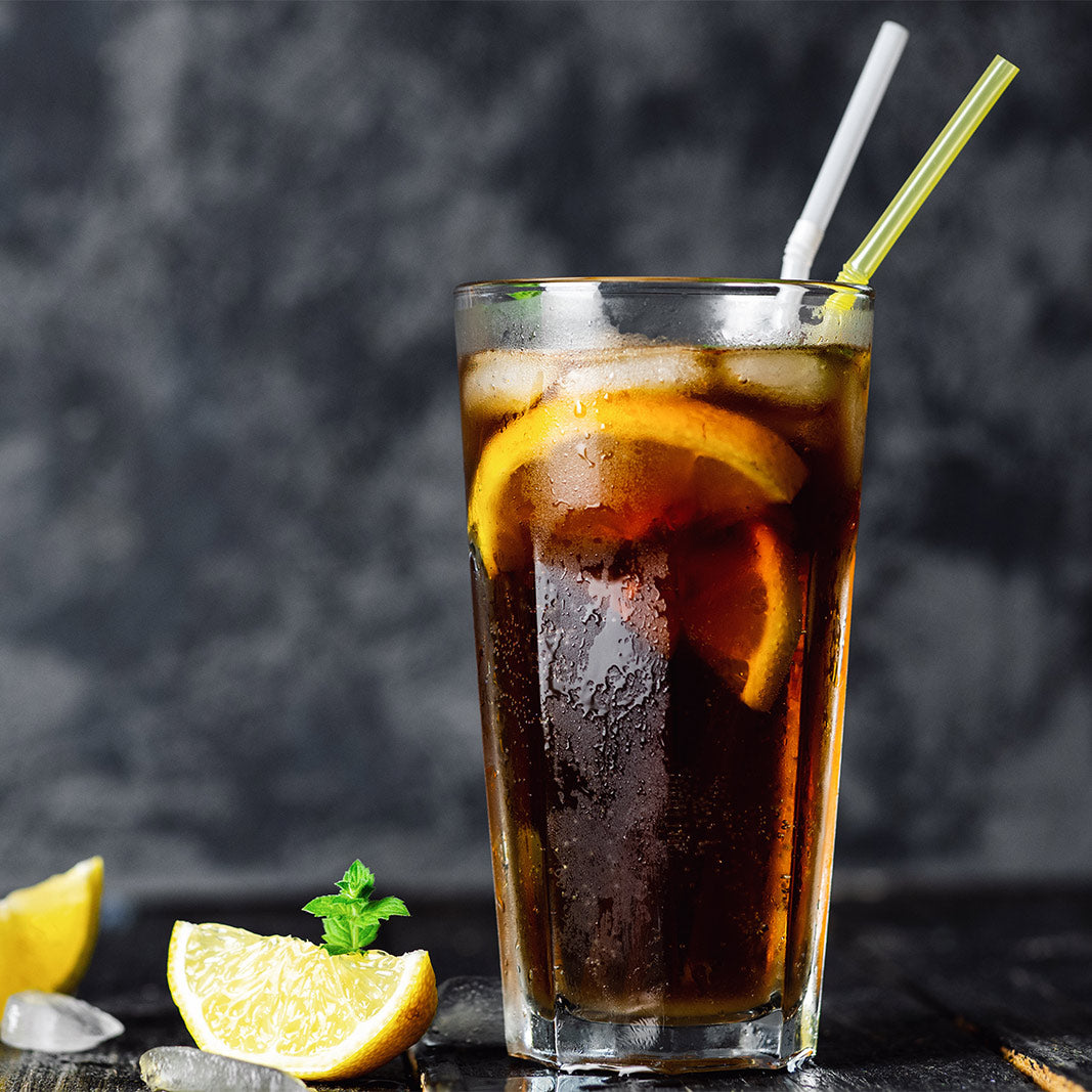 Barley tea in glass with ice and lemon also know as Mugicha